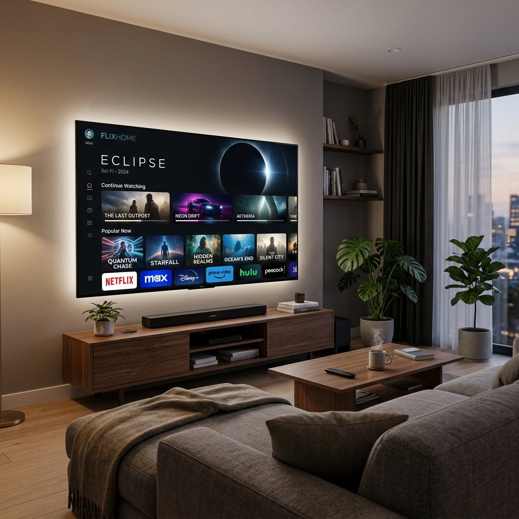 Sala de estar moderna com Smart TV exibindo interface de teste iptv