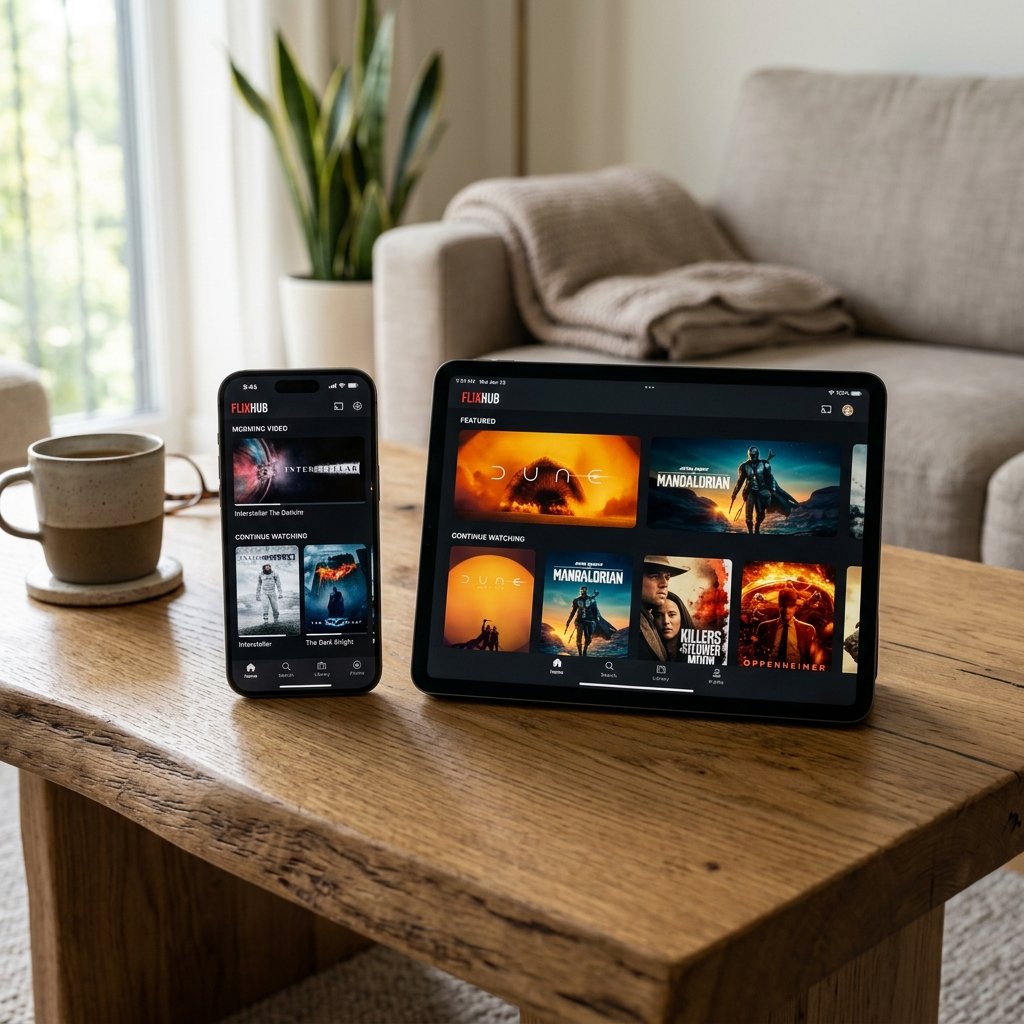 Mockup teste iptv app rodando em celular e tablet
