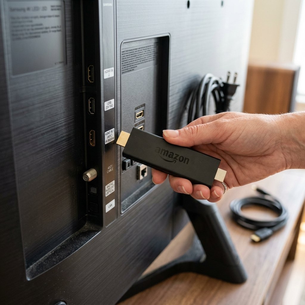Mão configurando TV Box Fire Stick para teste iptv na TV