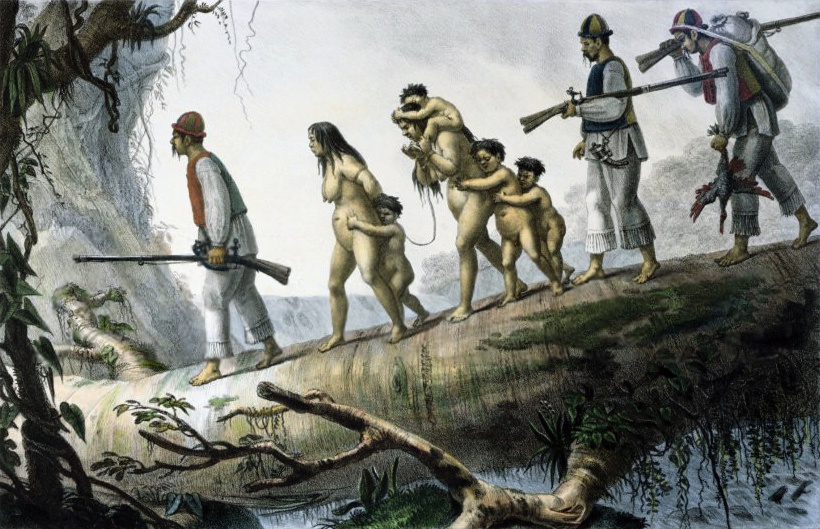 Índios soldados da província de Curitiba escoltando prisioneiros nativos, tela de Jean-Baptiste Debret (Domínio público)