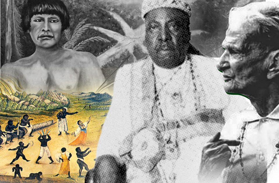 Nesta imagem para o texto do Dia da Umbanda temos Zélio de Moraes, Tata Tancredo da Silva Pinto, Caboclo das 7 Encruzilhadas e a representação da Cabula.